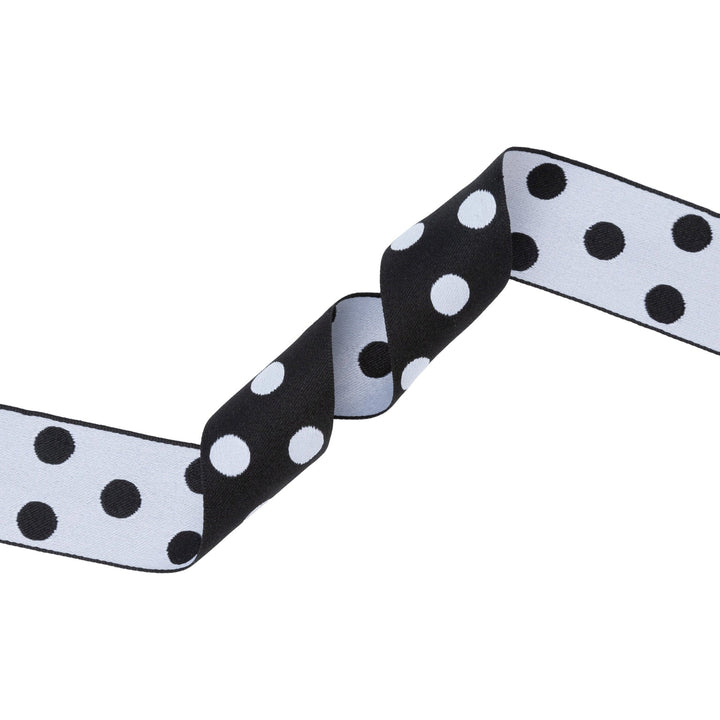 1 1/2" Double-Sided Jacquard Ribbon | Polka Dot Black/White | 10 Yard Roll LaRibbons Wholesale