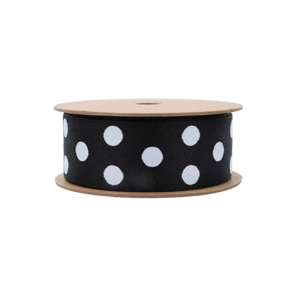1 1/2" Double-Sided Jacquard Ribbon | Polka Dot Black/White | 10 Yard Roll LaRibbons Wholesale