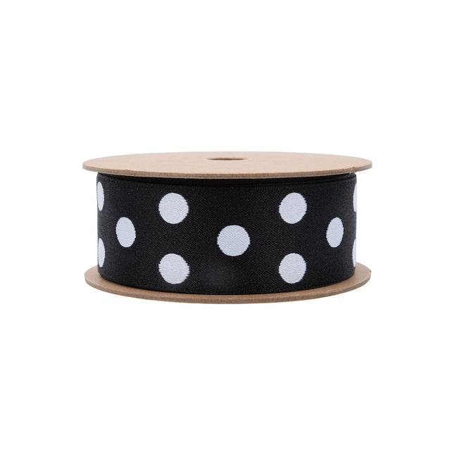 1 1/2" Double-Sided Jacquard Ribbon | Polka Dot Black/White | 10 Yard Roll LaRibbons Wholesale