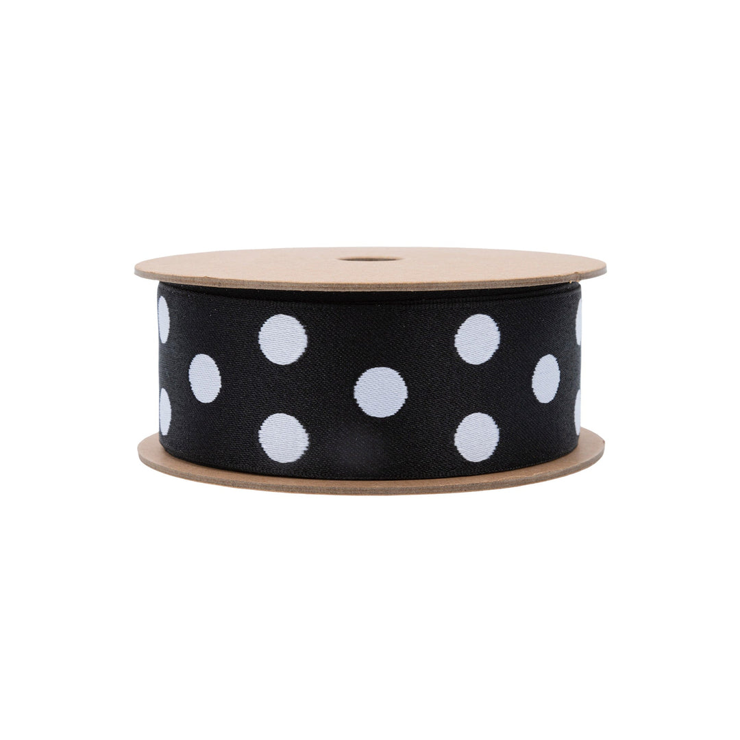 1 1/2" Double-Sided Jacquard Ribbon | Polka Dot Black/White | 10 Yard Roll LaRibbons Wholesale