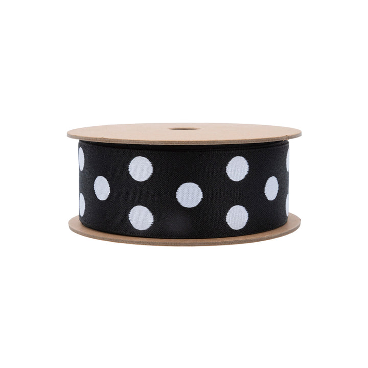 1 1/2" Double-Sided Jacquard Ribbon | Polka Dot Black/White | 10 Yard Roll LaRibbons Wholesale