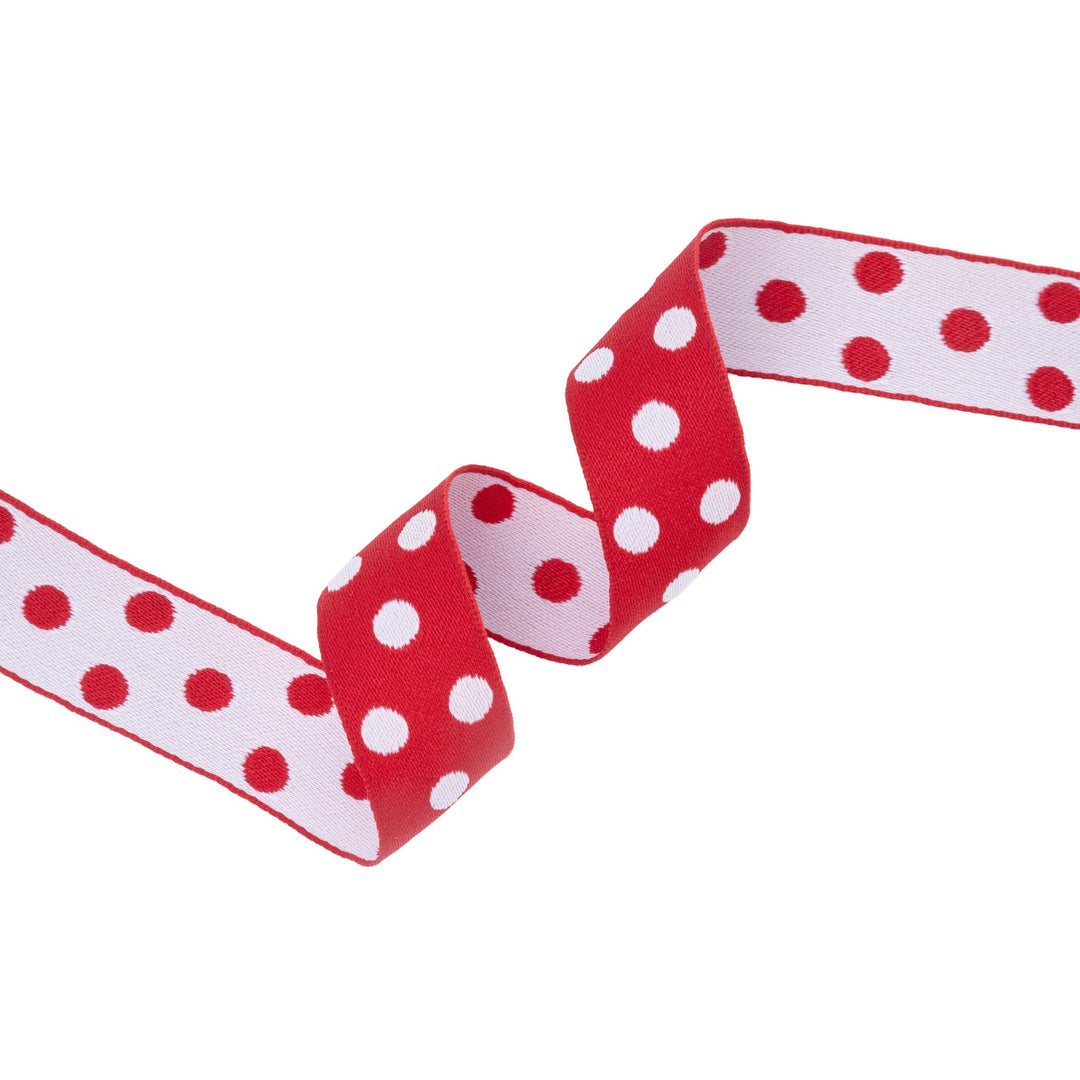 7/8" Double-Sided Jacquard Ribbon | Polka Dot Red/White | 10 Yard Roll