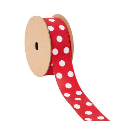 1 1/2" Double-Sided Jacquard Ribbon in red with white polka dots, ideal for festive gift wrapping 