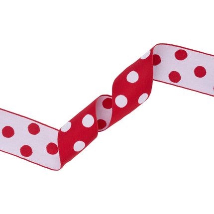 1 1/2" Double-Sided Jacquard Ribbon featuring classic red and white polka dots, great for DIY hair accessories