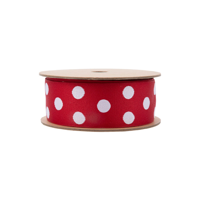 1 1/2" Double-Sided Jacquard Ribbon | Polka Dot Red/White | 10 Yard Roll LaRibbons Wholesale