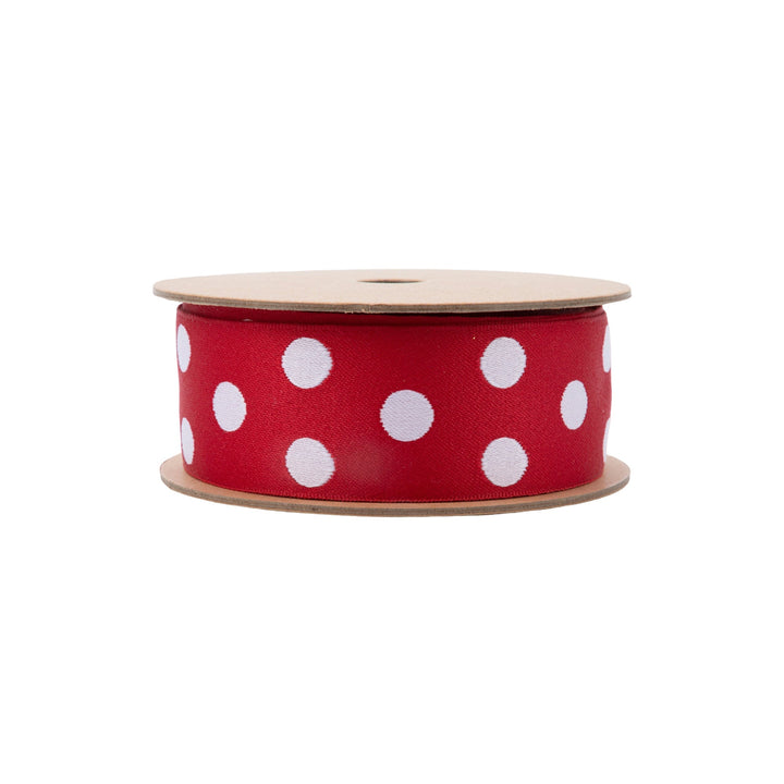 1 1/2" Double-Sided Jacquard Ribbon | Polka Dot Red/White | 10 Yard Roll