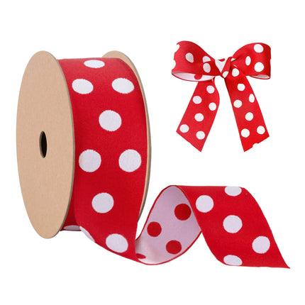 Red and white polka dot double-sided jacquard ribbon with matching bow , perfect for retro-style crafts