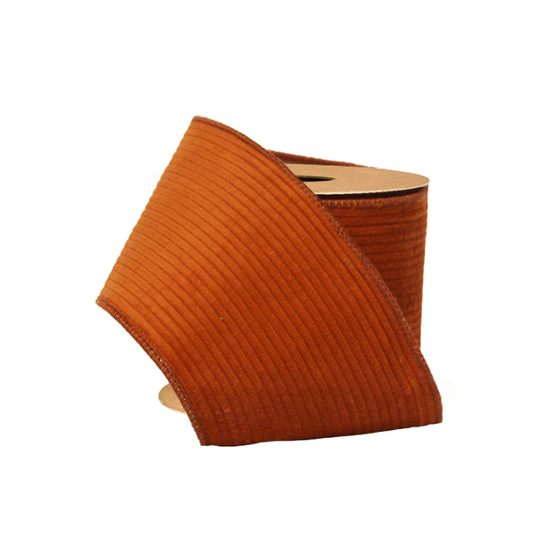 4" Double-Fused Wired Corduroy Ribbon w/ Tissue Back | Orange/Orange Metallic | 5 Yard Roll