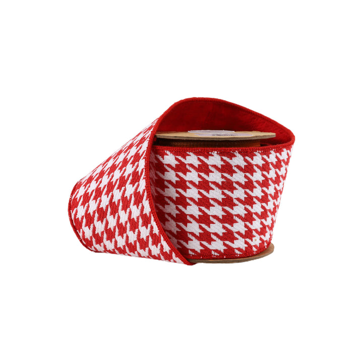 4" Wired Ribbon | Red/White Houndstooth w/ Double-Fused Red Tafetta Backing | 5 Yard Roll