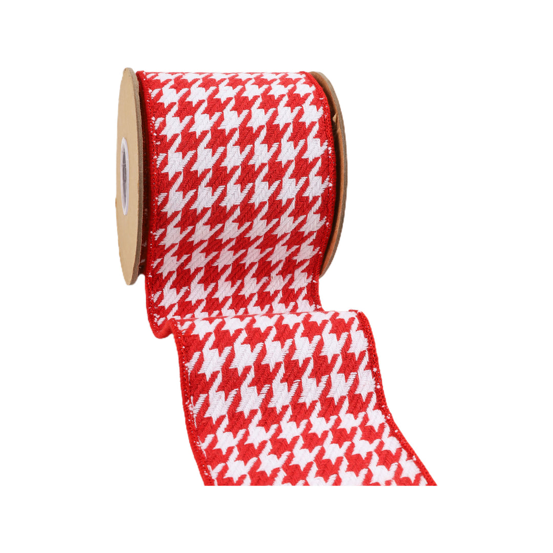 4" Wired Ribbon | Red/White Houndstooth w/ Double-Fused Red Tafetta Backing | 5 Yard Roll