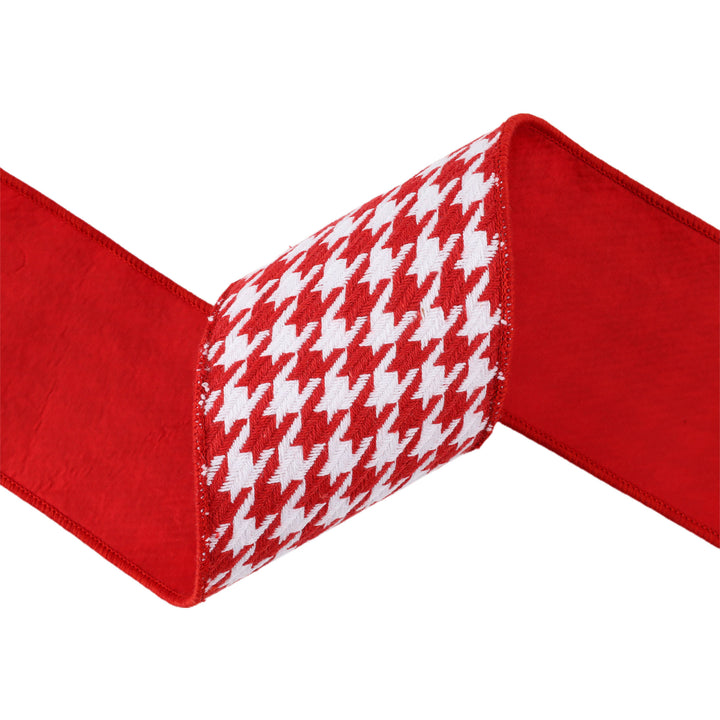 4" Wired Ribbon | Red/White Houndstooth w/ Double-Fused Red Tafetta Backing | 5 Yard Roll