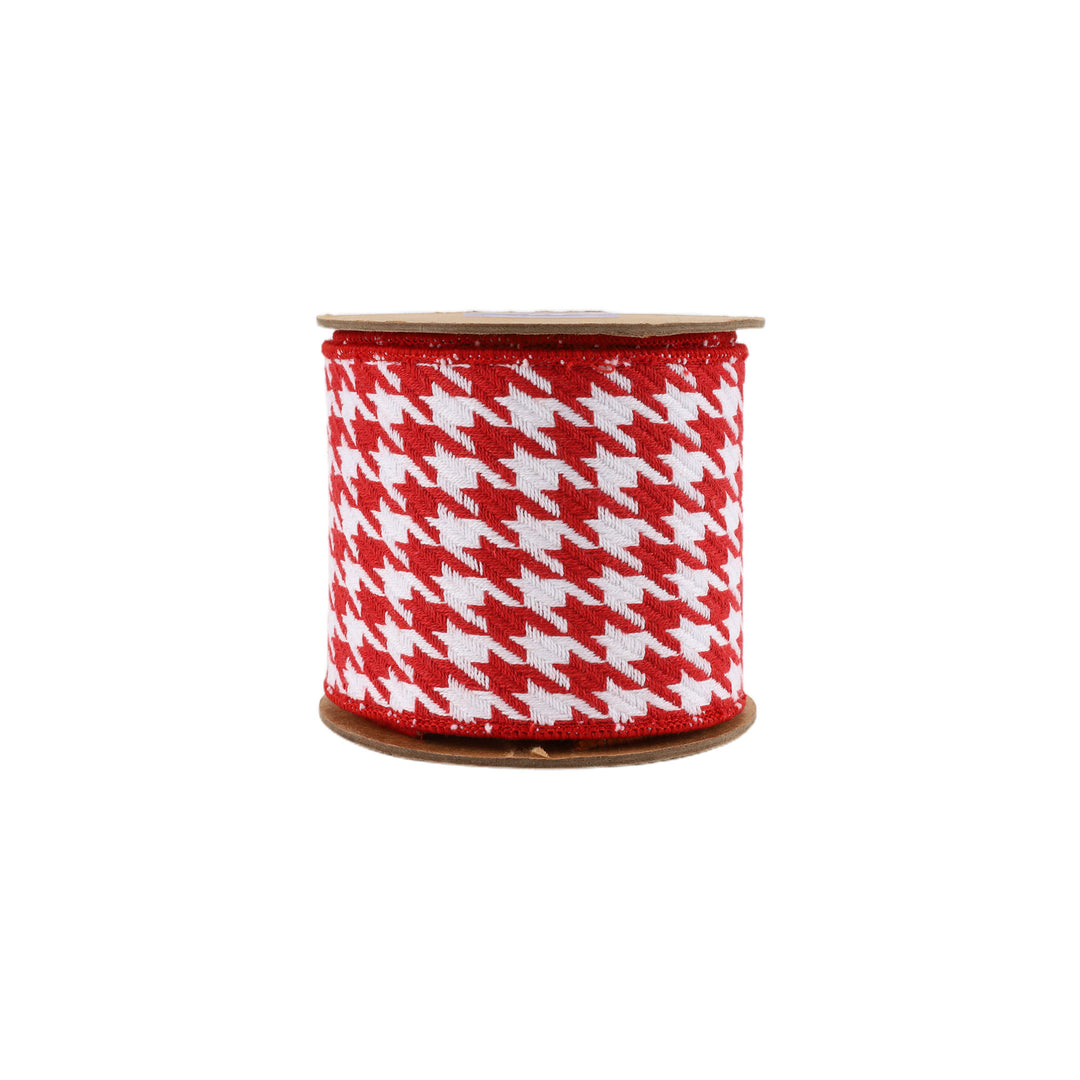 4" Wired Ribbon | Red/White Houndstooth w/ Double-Fused Red Tafetta Backing | 5 Yard Roll