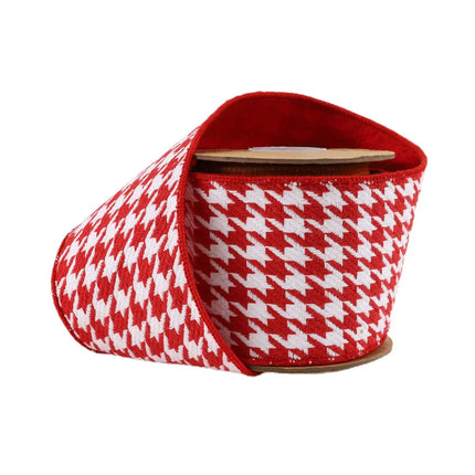 4" Wired Ribbon | Red/White Houndstooth w/ Double-Fused Red Tafetta Backing | 5 Yard Roll LaRibbons and Crafts