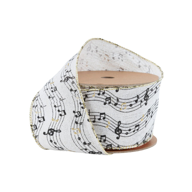 2 1/2" Wired Ribbon | Musical Notes on White | 10 Yard Spool LA Ribbons Wholesale