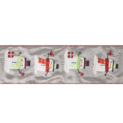 This ribbon showcases a gray base with vibrant embroidered snowman designs and red trim, ideal for holiday decor.