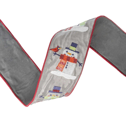 The ribbon exhibits a charming design with multi-colored embroidered snowmen on a gray fabric and red trim.