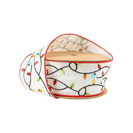 White Christmas ribbon with multicolored light design and red edges, perfect for gift embellishing.