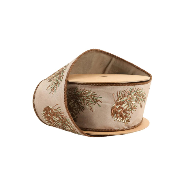2 1/2" Natural Embroidered Linen Wired Ribbon | Pinecone and Sprig | 10 Yard Roll LaRibbons and Crafts