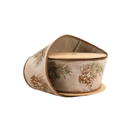 2 1/2" Natural Embroidered Linen Wired Ribbon | Pinecone and Sprig | 10 Yard Roll LaRibbons and Crafts