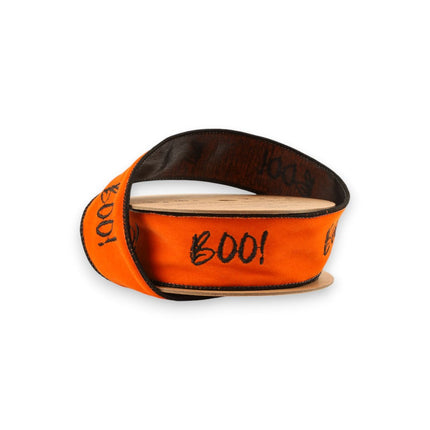 1 1/2" Wired Ribbon | Orange Embroidered Boo w/ Black Backing | 10 Yard Roll LaRibbons and Crafts