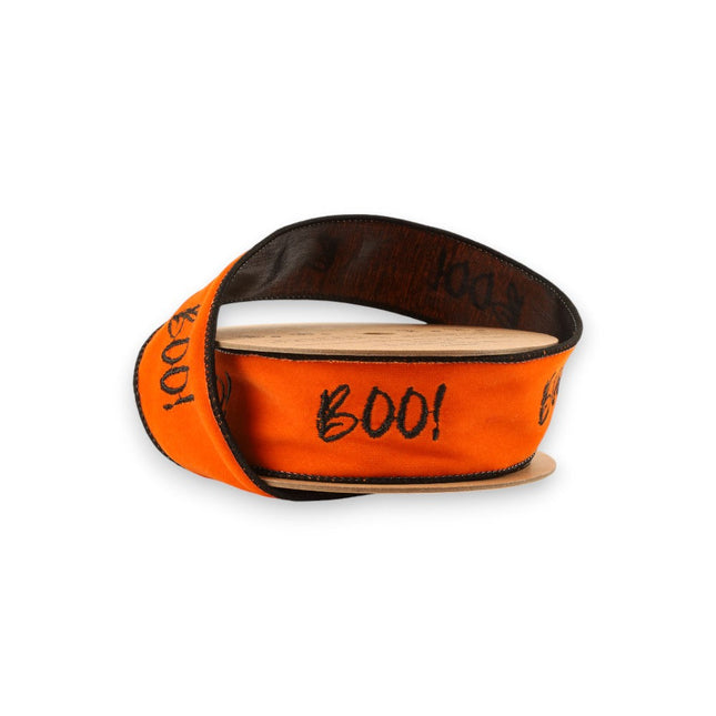 1 1/2" Wired Ribbon | Orange Embroidered Boo w/ Black Backing | 10 Yard Roll LaRibbons and Crafts