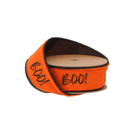 1 1/2" Wired Ribbon | Orange Embroidered Boo w/ Black Backing | 10 Yard Roll LaRibbons and Crafts