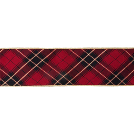 4" Wired Ribbon | Black/Gold/Red Bias-Plaid w/ Gold Dupioni-fused Backing | 10 Yard Roll LaRibbons Wholesale