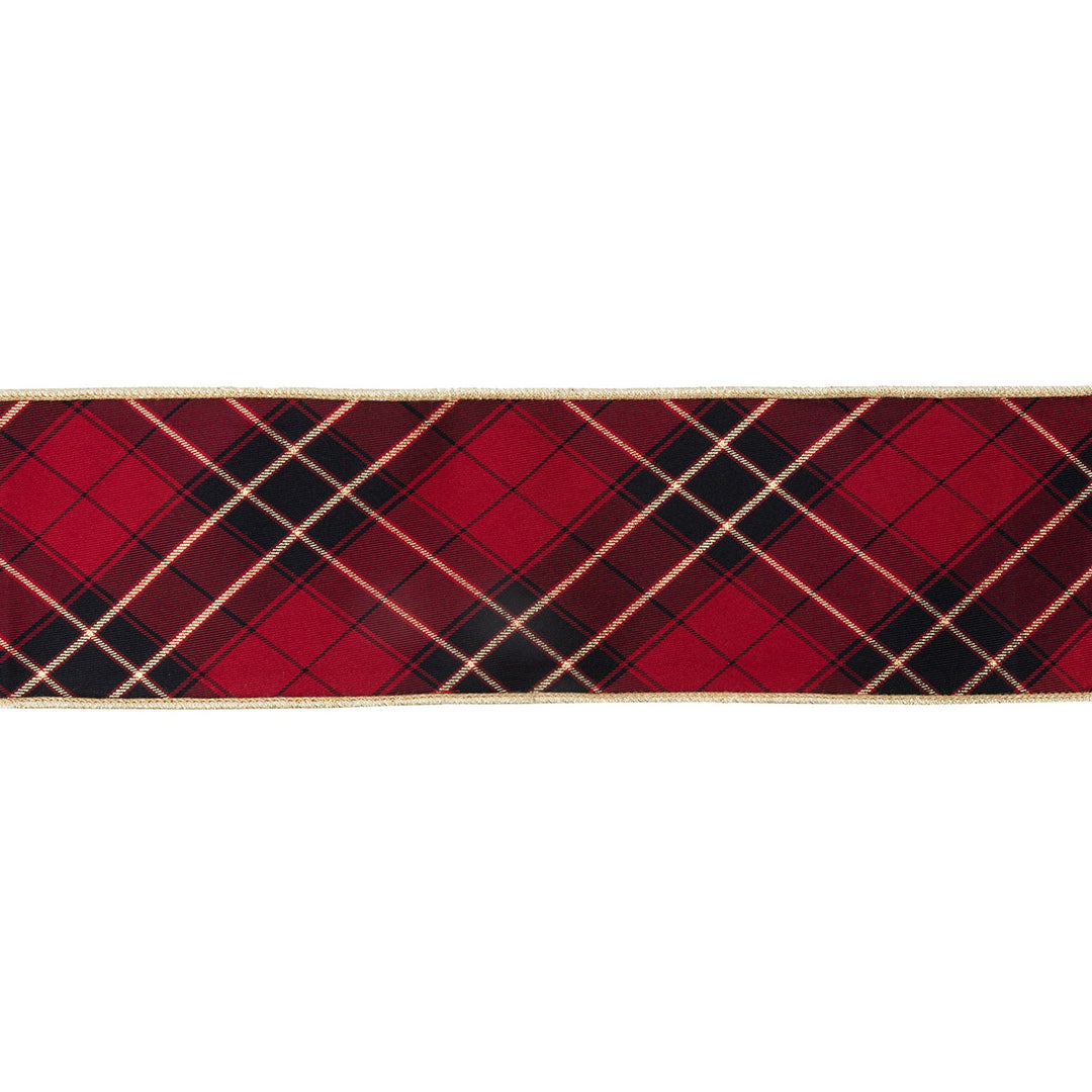 4" Wired Ribbon | Black/Gold/Red Bias-Plaid w/ Gold Dupioni-fused Backing | 10 Yard Roll LaRibbons Wholesale