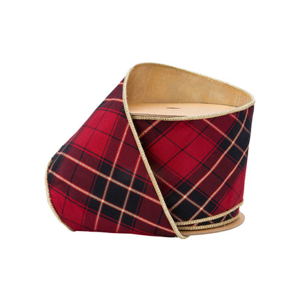Red/black plaid wired ribbon spool: gold trim + gold Dupioni backing – luxe decor.