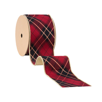 Unfurled red/black plaid ribbon: gold trim + Dupioni back – stylish decor supply.