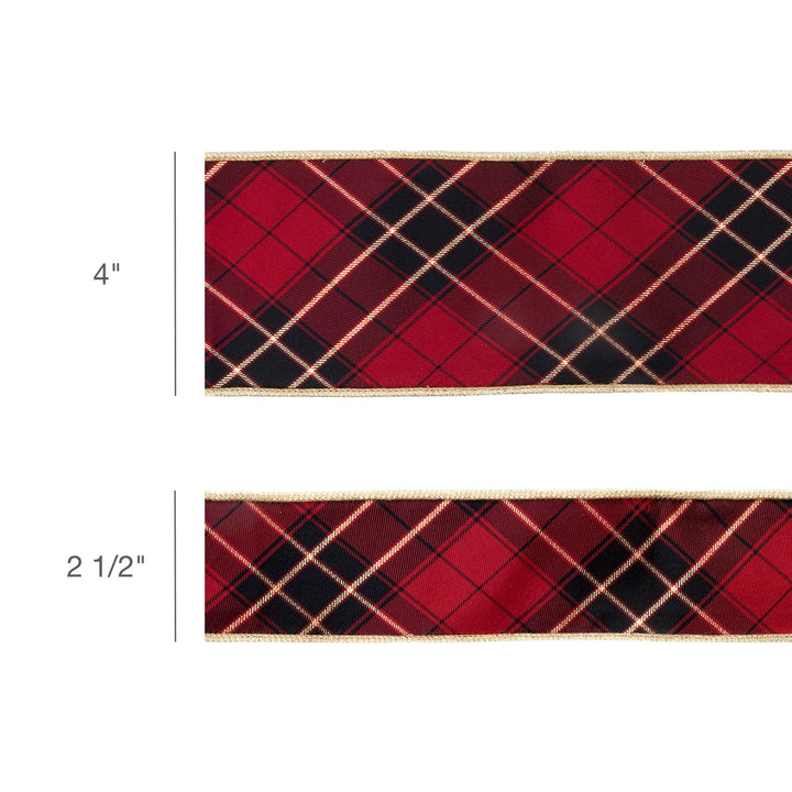 4" Wired Ribbon | Black/Gold/Red Bias-Plaid w/ Gold Dupioni-fused Backing | 10 Yard Roll LaRibbons Wholesale