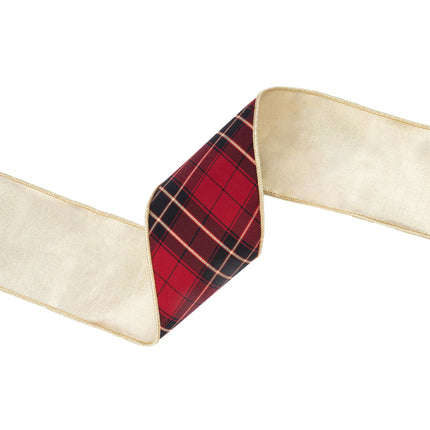 Folded red/black plaid ribbon: gold Dupioni back + trim – dual-tone festive decor.