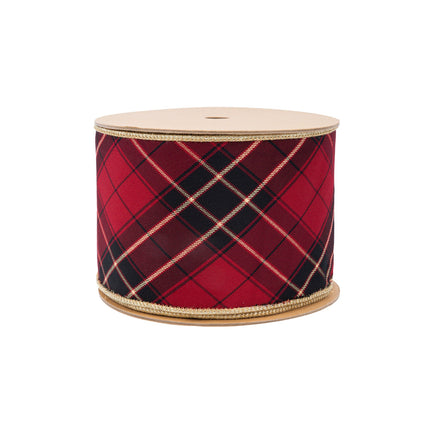 Red/black plaid wired ribbon spool: gold trim – elegant holiday decor.