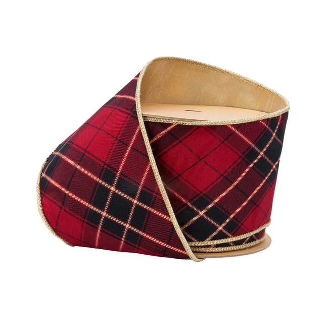 4" Wired Ribbon | Black/Gold/Red Bias-Plaid w/ Gold Dupioni-fused Backing | 10 Yard Roll LaRibbons Wholesale