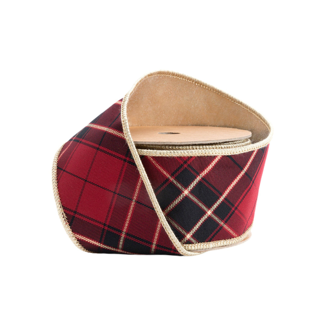 2 1/2" Wired Ribbon | Black/Gold/Red Bias-Plaid w/ Gold Dupioni-fused Backing | 10 Yard Roll LaRibbons Wholesale