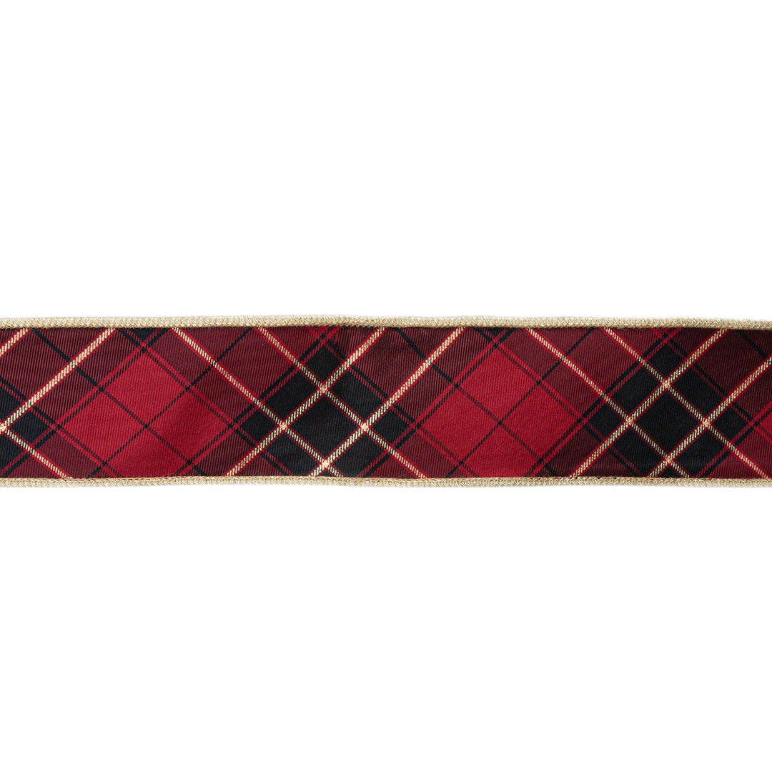 2 1/2" Wired Ribbon | Black/Gold/Red Bias-Plaid w/ Gold Dupioni-fused Backing | 10 Yard Roll LaRibbons Wholesale