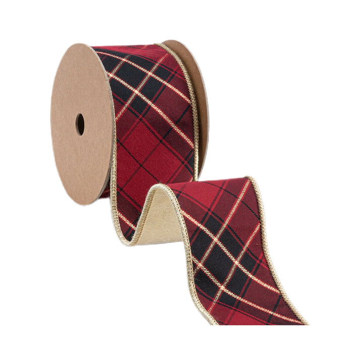 2 1/2" Wired Ribbon | Black/Gold/Red Bias-Plaid w/ Gold Dupioni-fused Backing | 10 Yard Roll LaRibbons Wholesale