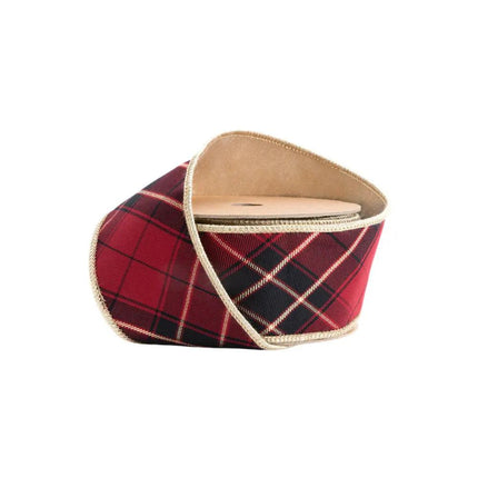 2 1/2" Wired Ribbon | Black/Gold/Red Bias-Plaid w/ Gold Dupioni-fused Backing | 10 Yard Roll LaRibbons Wholesale