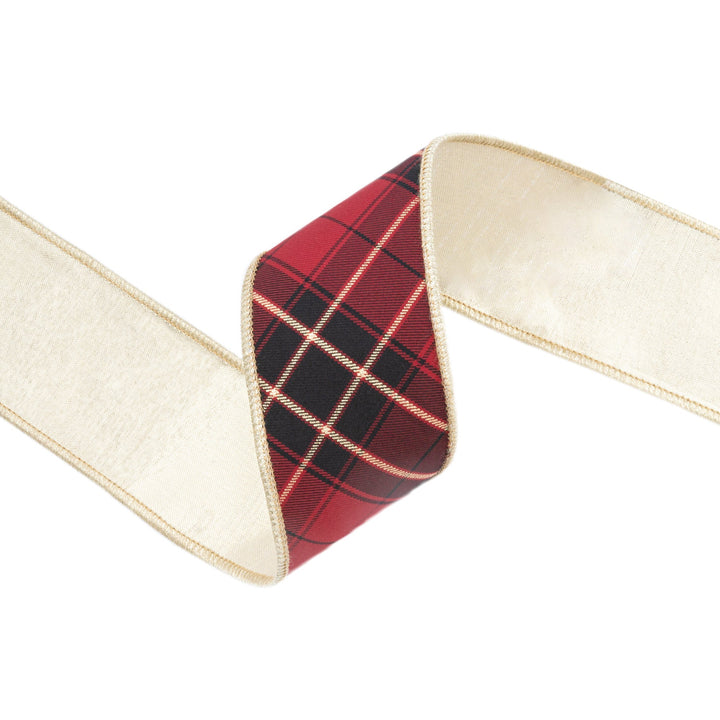 2 1/2" Wired Ribbon | Black/Gold/Red Bias-Plaid w/ Gold Dupioni-fused Backing | 10 Yard Roll LaRibbons Wholesale