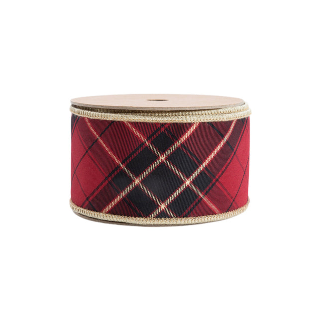 2 1/2" Wired Ribbon | Black/Gold/Red Bias-Plaid w/ Gold Dupioni-fused Backing | 10 Yard Roll LaRibbons Wholesale