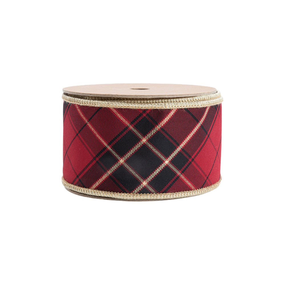 2 1/2" Wired Ribbon | Black/Gold/Red Bias-Plaid w/ Gold Dupioni-fused Backing | 10 Yard Roll LaRibbons Wholesale