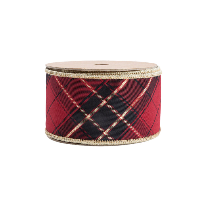 2 1/2" Wired Ribbon | Black/Gold/Red Bias-Plaid w/ Gold Dupioni-fused Backing | 10 Yard Roll LaRibbons Wholesale