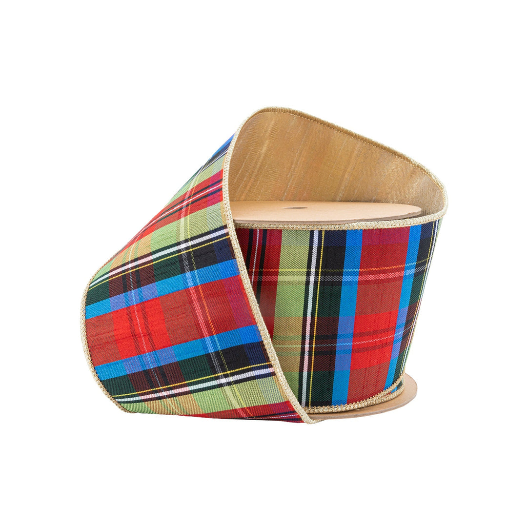 4" Wired Ribbon | Black/Lime/Red/Royal Plaid w/ Gold Dupioni-fused Backing | 10 Yard Roll LaRibbons Wholesale