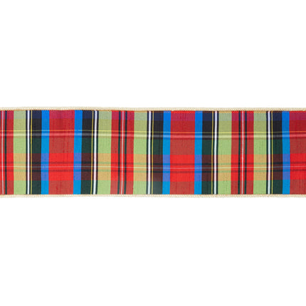 4" Wired Ribbon | Black/Lime/Red/Royal Plaid w/ Gold Dupioni-fused Backing | 10 Yard Roll LaRibbons Wholesale