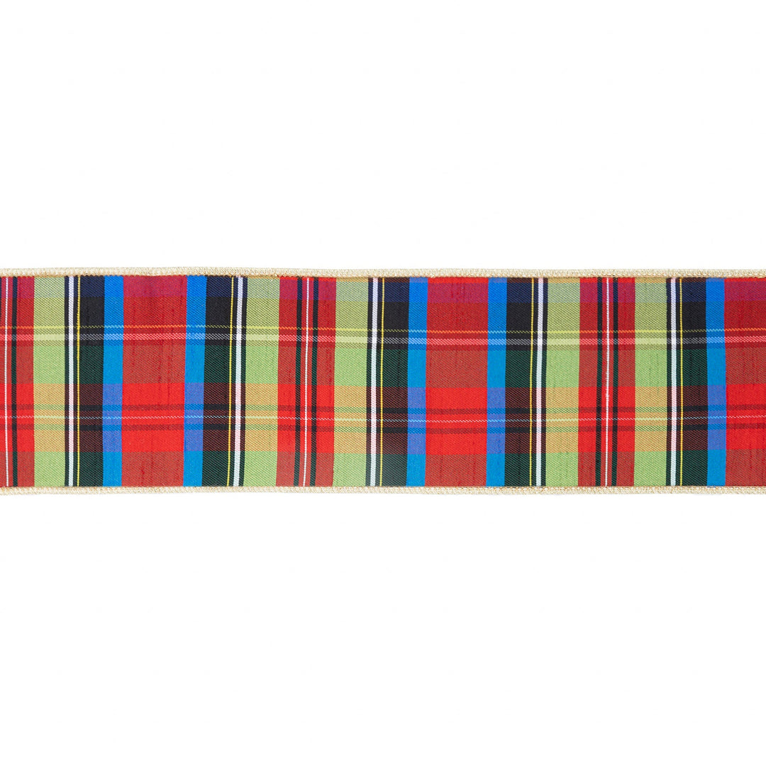 4" Wired Ribbon | Black/Lime/Red/Royal Plaid w/ Gold Dupioni-fused Backing | 10 Yard Roll LaRibbons Wholesale