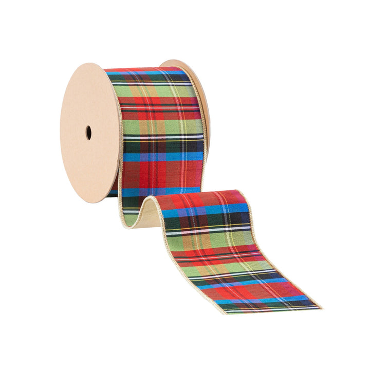 4" Wired Ribbon | Black/Lime/Red/Royal Plaid w/ Gold Dupioni-fused Backing | 10 Yard Roll LaRibbons Wholesale