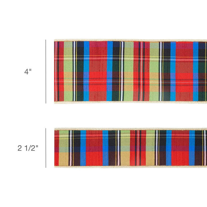 4" Wired Ribbon | Black/Lime/Red/Royal Plaid w/ Gold Dupioni-fused Backing | 10 Yard Roll LaRibbons Wholesale