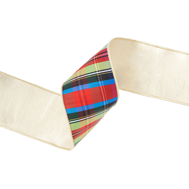 4" Wired Ribbon | Black/Lime/Red/Royal Plaid w/ Gold Dupioni-fused Backing | 10 Yard Roll LaRibbons Wholesale