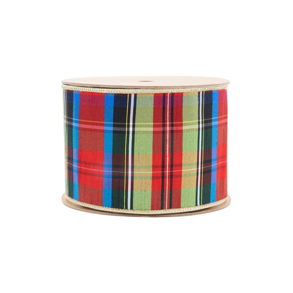 4" Wired Ribbon | Black/Lime/Red/Royal Plaid w/ Gold Dupioni-fused Backing | 10 Yard Roll LaRibbons Wholesale