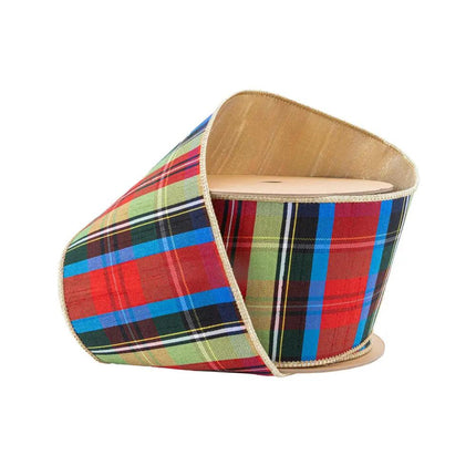 4" Wired Ribbon | Black/Lime/Red/Royal Plaid w/ Gold Dupioni-fused Backing | 10 Yard Roll LaRibbons Wholesale